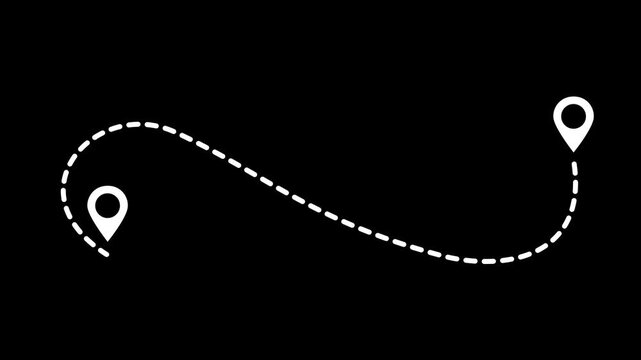 Animated white dashed map route line with location pin map marker icon for travel videos.4k animation.