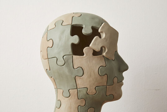 Corporate training concept with puzzle head and missing piece on a neutral background