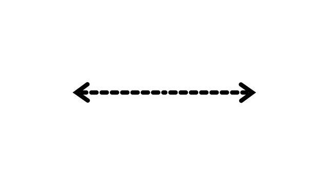 Animated black double headed horizontal arrow with dashed line width dimension indicator line on white background. 4k.