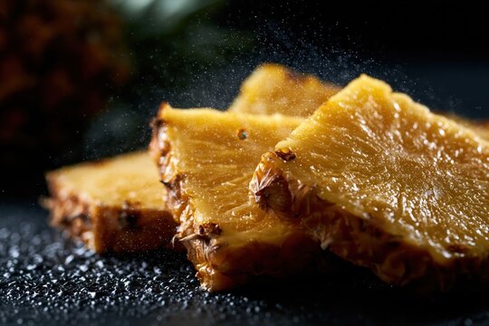 Sliced pineapple with falling sugar particles on dark background