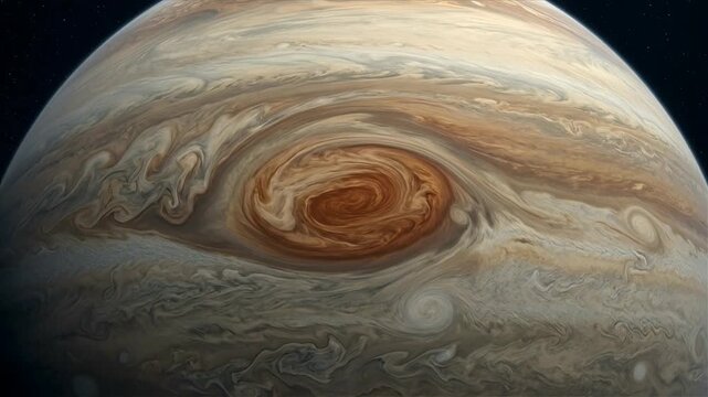 Close up of giant swirling storm clouds on the surface of a gas giant planet