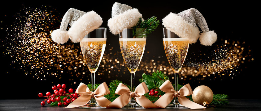 Glasses of champagne, Santa's hat, fir branch and ball on a black background