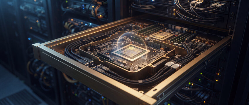 Server processor chip inside datacenter rack tray featuring a glowing microchip and cable connections, ideal for AI cloud computing, supercomputer hardware, and data infrastructure