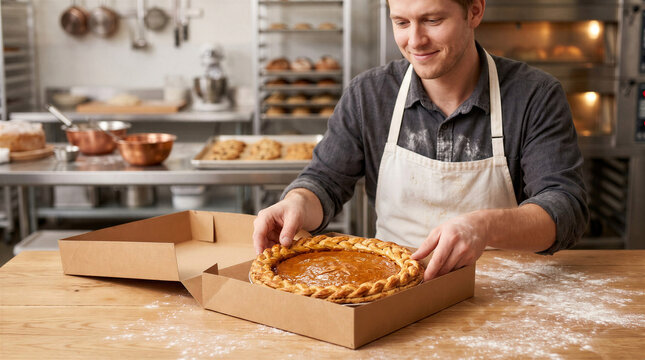Male baker placing a homemade pumpkin pie into a cardboard box in a professional bakery. Thanksgiving dessert preparation, seasonal food service, holiday baking and delivery concept