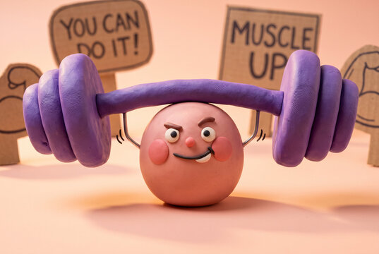 Workout motivation clay character lifting a purple dumbbell with pep signs