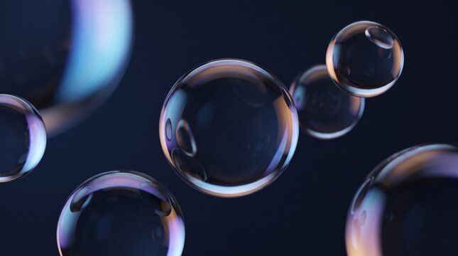 Minimal Futuristic Glass Spheres Floating in Deep Navy Space with Blue, Violet and Orange Reflections, Realistic Refraction, Elegant Lighting and Luxury Abstract Desig