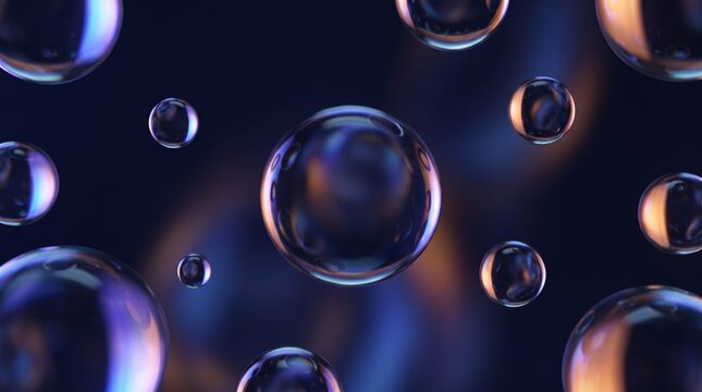 Minimal Futuristic Glass Spheres Floating in Deep Navy Space with Blue, Violet and Orange Reflections, Realistic Refraction, Elegant Lighting and Luxury Abstract Desig
