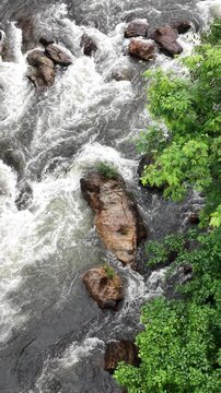 Aerial view of a river flowing over rocks surrounded by lush green trees in the forest of Maredumilli, Andhra Pradesh, India.