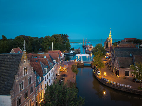 Hoorn canal drawbridge and Hoofdtoren at blue hour