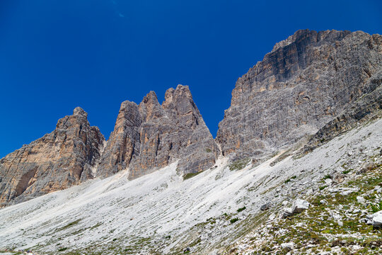 Three Peaks of Lavaredo. Tre Cime di Lavaredo view. Dolomites mountains. Italy