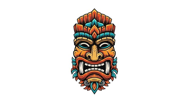 Vibrant Tiki Mask Illustration with Intricate Details and Fierce Expression, Tropical Culture Symbol