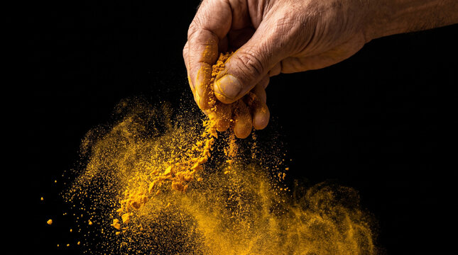 Hand sprinkling golden spice powder on black background.