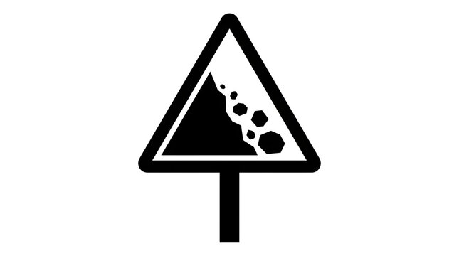 Black and white falling rocks traffic warning sign. Triangular symbol indicating danger of rockfall or landslides on the road ahead vector illustration.
