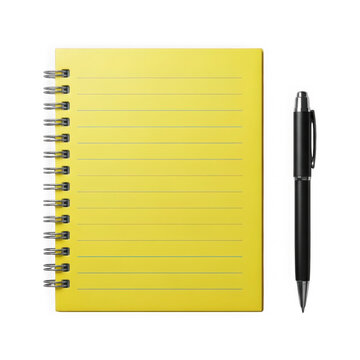Bright yellow lined notebook with black spiral binding and pen transparent background