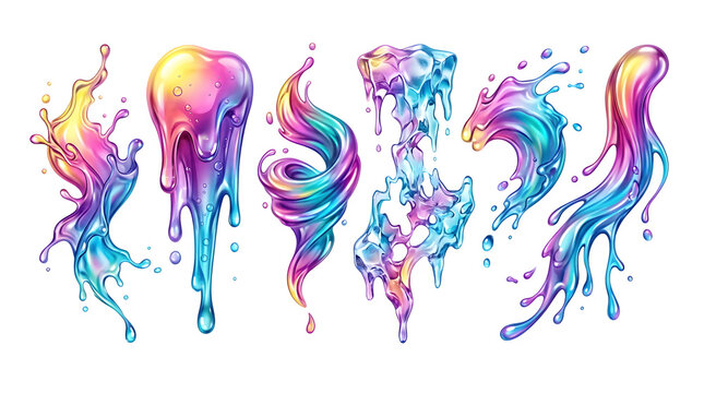 Vibrant rainbow liquid splashes, colorful fluid drips and swirls, 6 glossy paint drop elements on white background