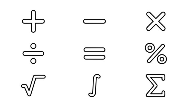 Mathematical Math Operation Line Icon Set Featuring Plus Minus Multiply Divide Equals Percentage Square Root Integral and Sigma Summation Calculator Symbols