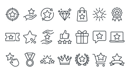 Fototapeta premium Comprehensive Rewards and Customer Loyalty Program Line Icon Set Featuring Quality Star Rating Badges Premium Diamond Symbols Gift Packages and Discount Coupons for E-Commerce Apps