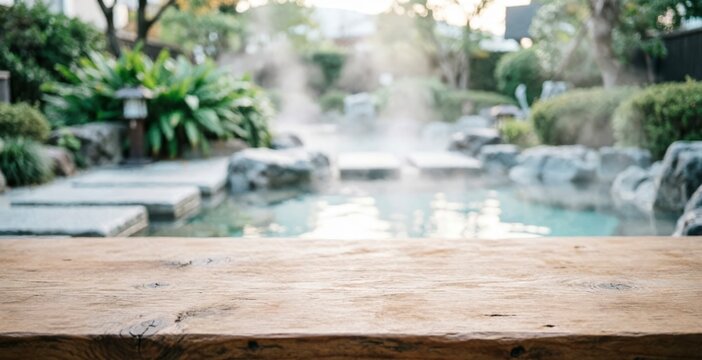 Wooden Table Top with Blurred Japanese Garden Background for Web Design