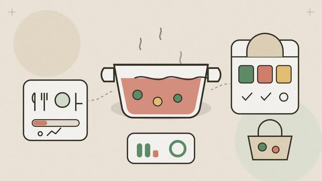 Abstract animated meal kit prepared step by step in a kitchen drawn as red and burgundy lines and shapes on a bright, clean light background. Seamless looping 4K motion graphics video with free space 