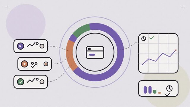 Abstract animated recurring subscriptions reviewed and managed drawn as violet and blue lines and shapes on a bright, clean light background. Seamless looping 4K motion graphics video with free space 