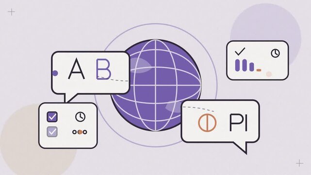 Abstract animated vocabulary practised through language lessons drawn as violet and blue lines and shapes on a bright, clean light background. Seamless looping 4K motion graphics video with free space