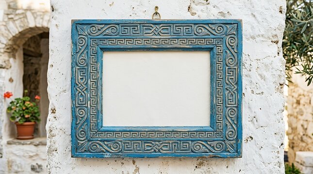 Distressed cerulean border showcasing traditional winding geometric patterns. Mediterranean inspired rectangular frame with textured details for menus artwork or presentations frame greek style