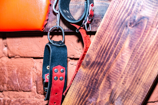 Red and black leather harness hangs against brick wall