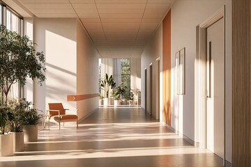 Fototapeta premium Bright Clinic Corridor with Directional Color Stripe and Seating Area