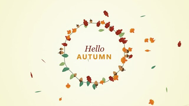 autumn leaves circle animation with 'hello autumn' text. gentle falling leaves create a looping background
