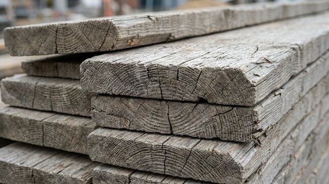 Close up view of a stacked pile of weathered wooden construction planks displaying natural timber grains cracks and aged textures wood wooden plank planks timber lumber stack pile construction