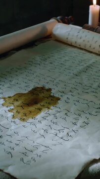 Vertical video: Flipping unseen hand turning parchment sheets on stone table, to reveal brown stain