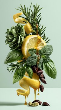 Fresh herbs and citrus slices cascade in elegant motion. Leaves and fruit glisten under soft, diffused lighting.