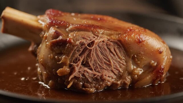 Close-up of slow-cooked tender meat shank (ossobuco style) resting in a rich brown savory gravy or sauce on a dark serving plate, ready for a hearty gourmet dinner.