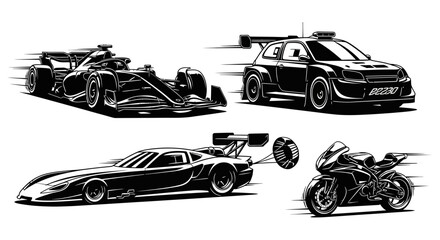Fototapeta premium Racing vehicles in motion black with motion including race race car motorcycle police car another set four racing all black illustration with automotive