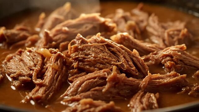 Close-up view of savory slow-cooked pulled meat braising in rich brown sauce, ready for a hearty meal.