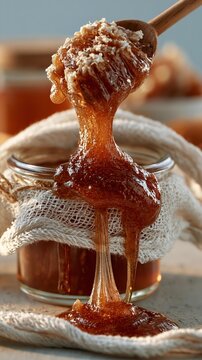 Golden honey drips from a wooden spoon. Jar rests on a soft, textured cloth.