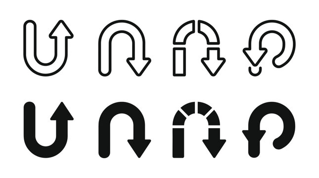 U turn direction arrow icons set outline and solid vector illustration with direction illustration movement transport