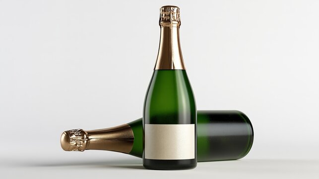 Two champagne bottles rest on a clean, minimalist surface