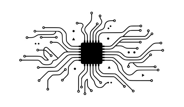 Futuristic integrated circuit vector illustration with microchip wires and digital connection network