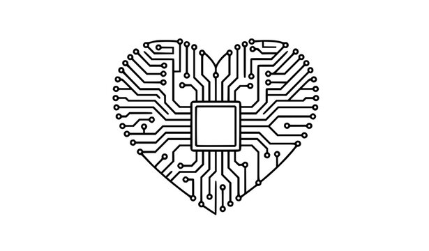 Heart shaped circuit board with central microchip vector icon for artificial intelligence and digital love