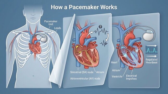 Medical illustration of a pacemaker regulating the human heartbeat
