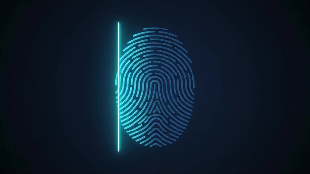 Blue digital fingerprint scanner animation with a scanning laser beam on a dark technological background
