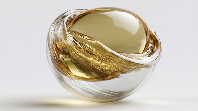 Golden liquid swirls within a clear glass sphere. Soft light glows from inside the vessel. Smooth curves reflect light and shadow.