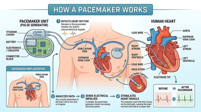 Medical infographic explaining how a cardiac pacemaker device works