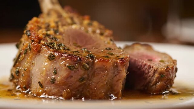 Gourmet roasted rack of lamb with herb crust and savory jus, presented on a white plate. Close-up of a perfectly cooked medium-rare lamb chop.