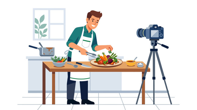 Man cooking healthy food for online video