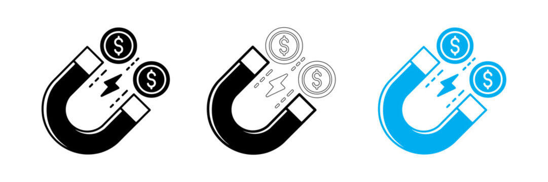 Set of magnet icons attracting dollar coins representing business growth marketing strategy and financial success concepts