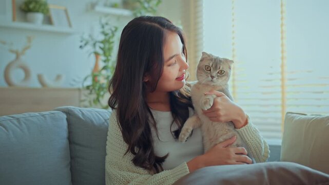 Happy young Asian woman holding and petting Scottish Fold cat at home, affectionate pet owner bonding with companion animal