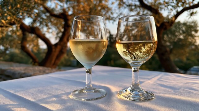 Two mismatched wine glasses filled with white wine