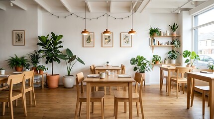 Obraz premium Bright cafe interior with wooden tables, chairs and abundant green plants